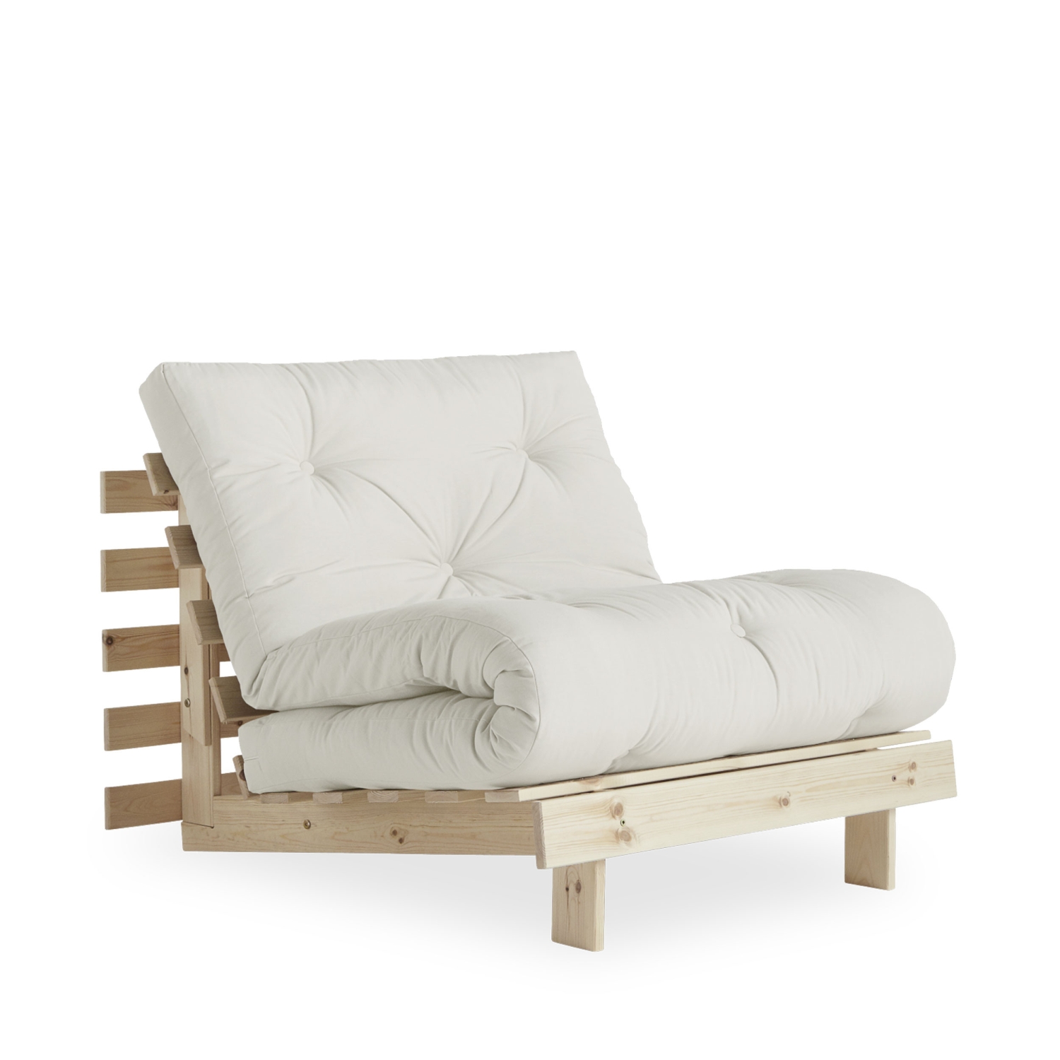 Roots - Fauteuil convertible 90x200cm en bois naturel et tissu - Ecru