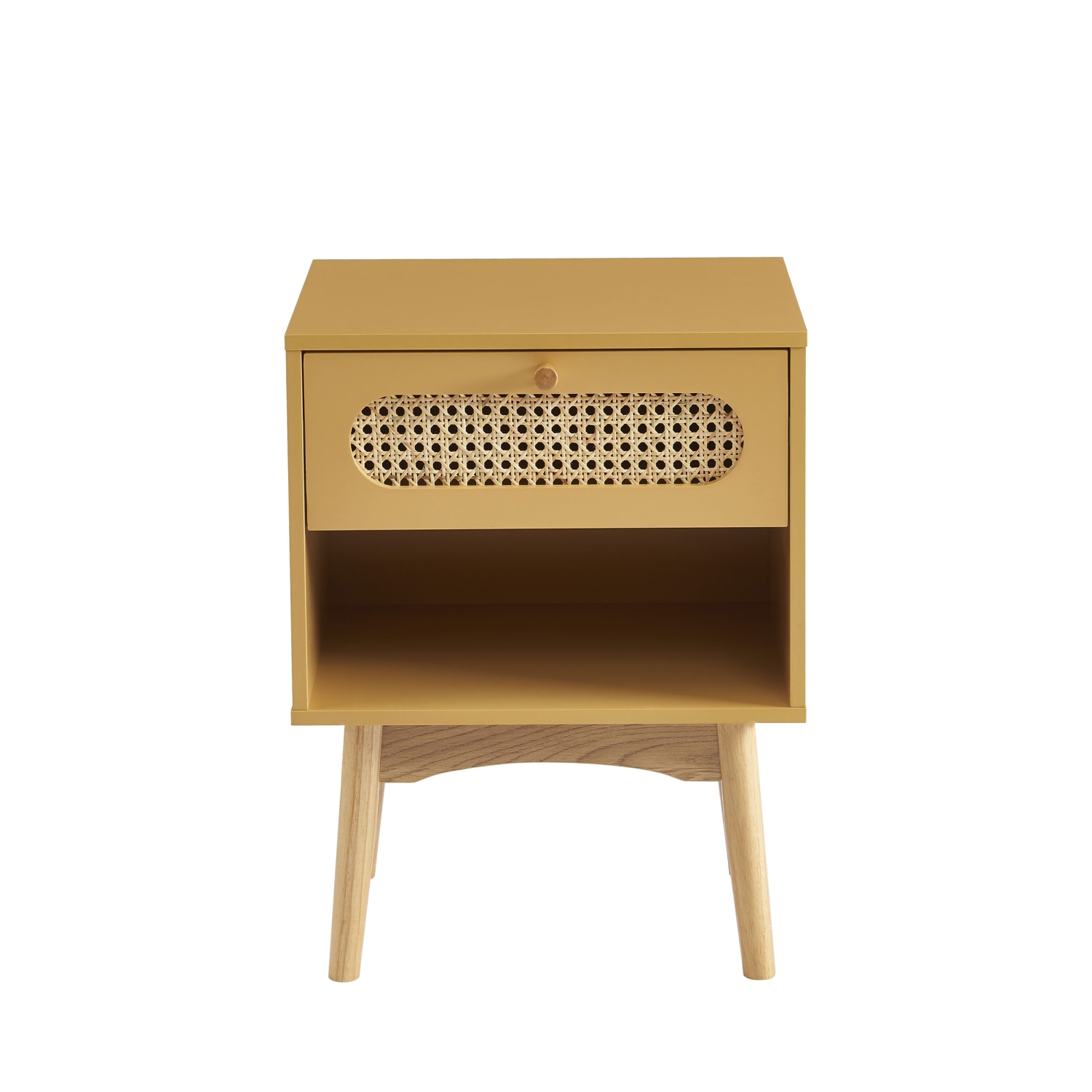 Canno - Table de chevet 1 tiroir en bois et cannage - Jaune moutarde
