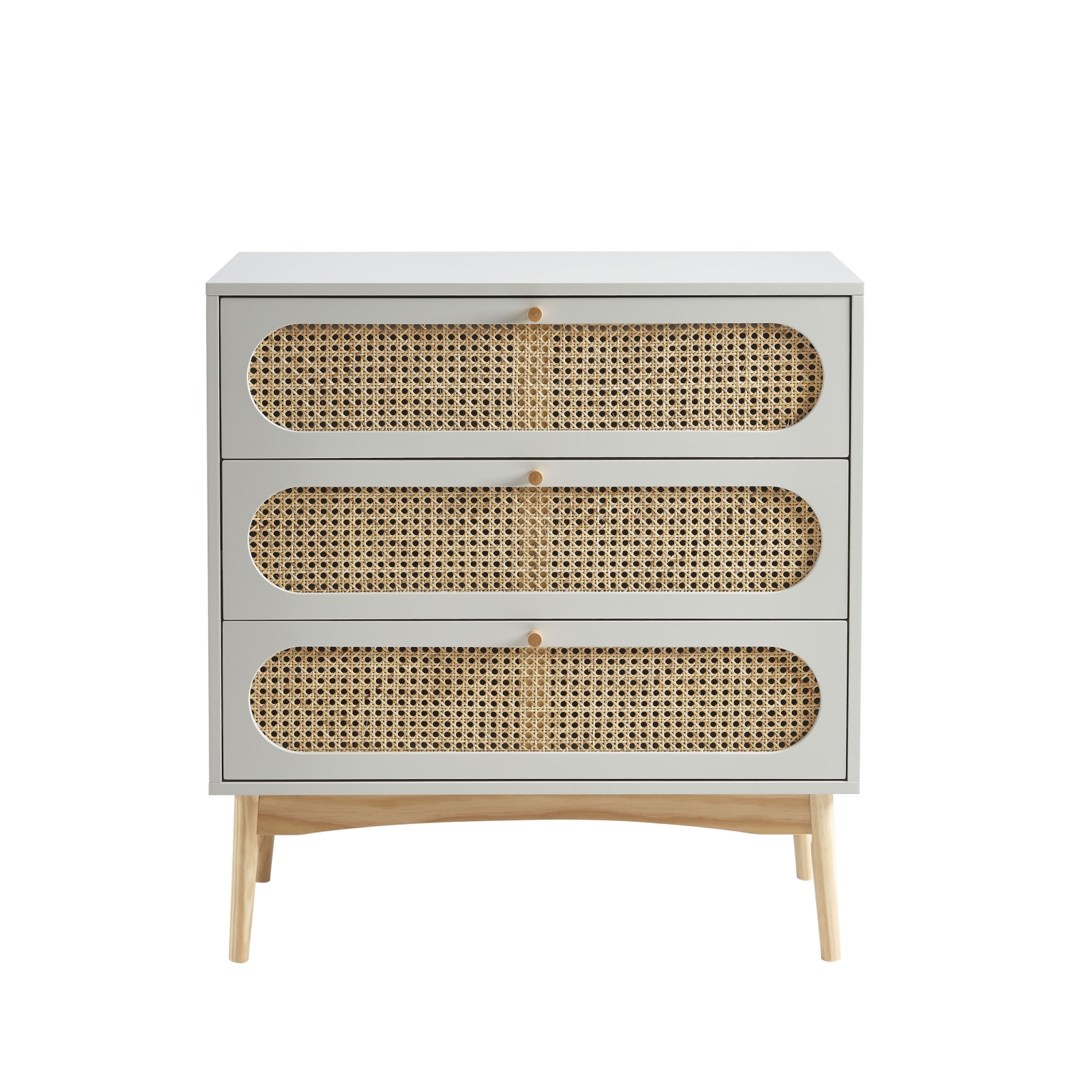 Canno - Commode 3 tiroirs en bois et cannage L80cm - Gris perle
