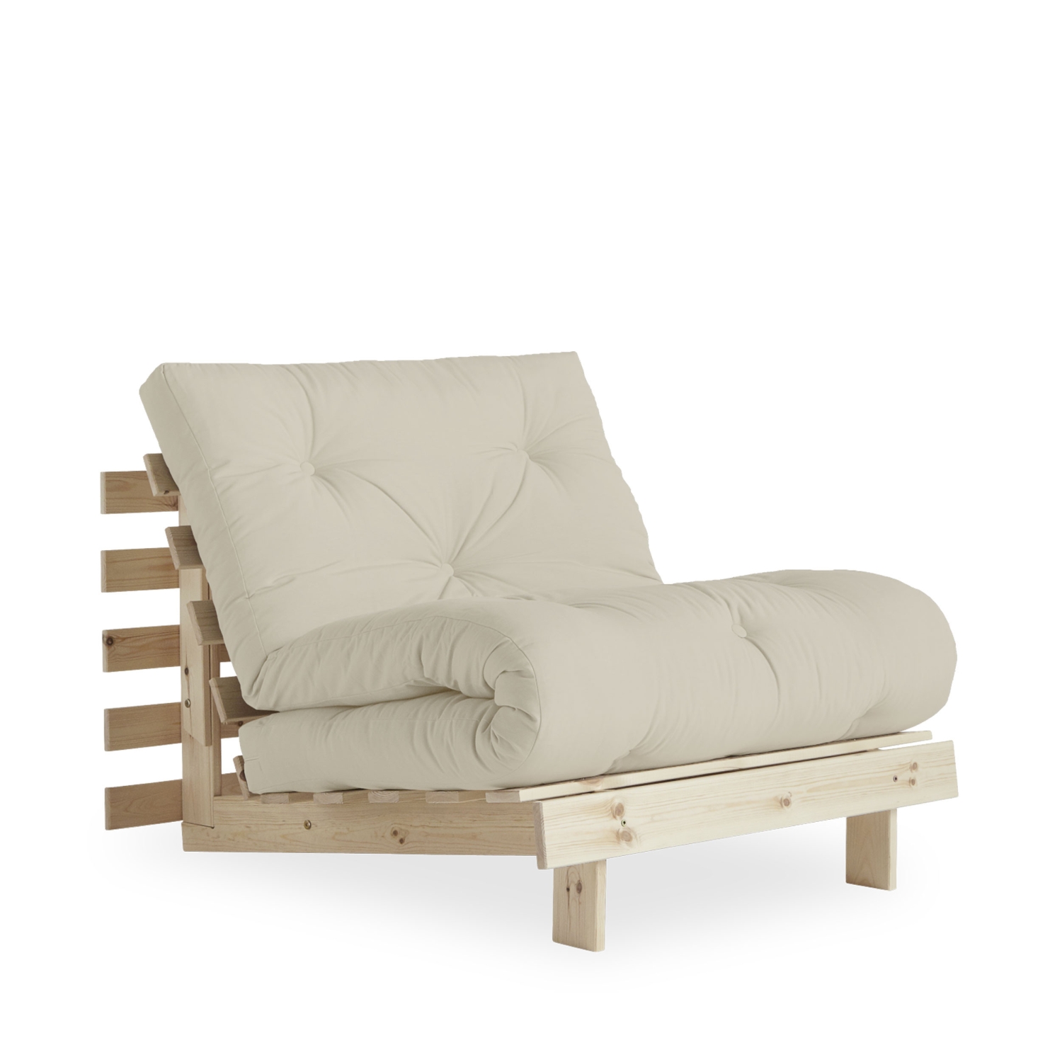 Roots - Fauteuil convertible 90x200cm en bois naturel et tissu - Beige