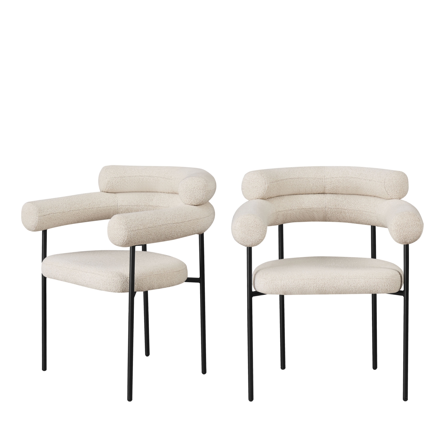 Nori - Lot de 2 fauteuils de table en tissu bouclette et métal - Écru