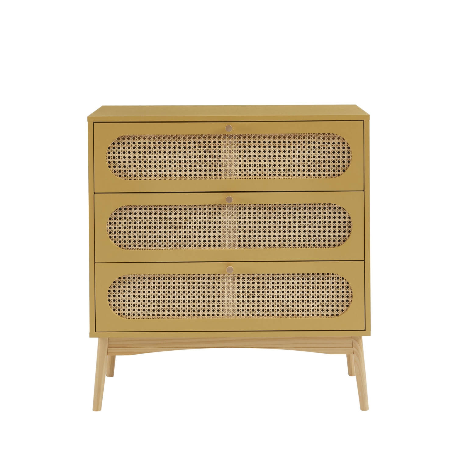 Canno - Commode 3 tiroirs en bois et cannage L80cm - Jaune moutarde