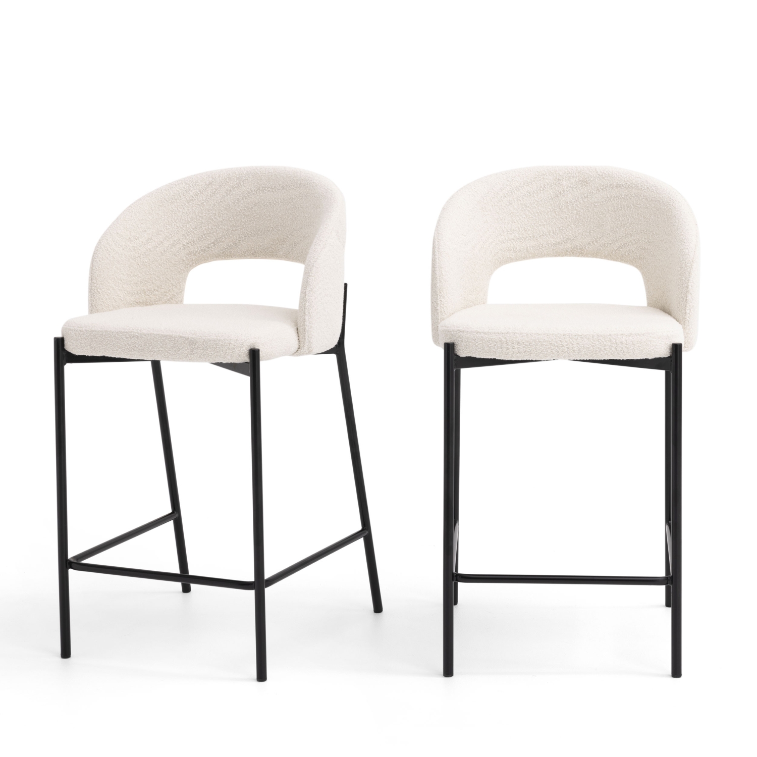 Soren - Lot de 2 chaises de bar en tissu bouclette et métal H65cm - Écru