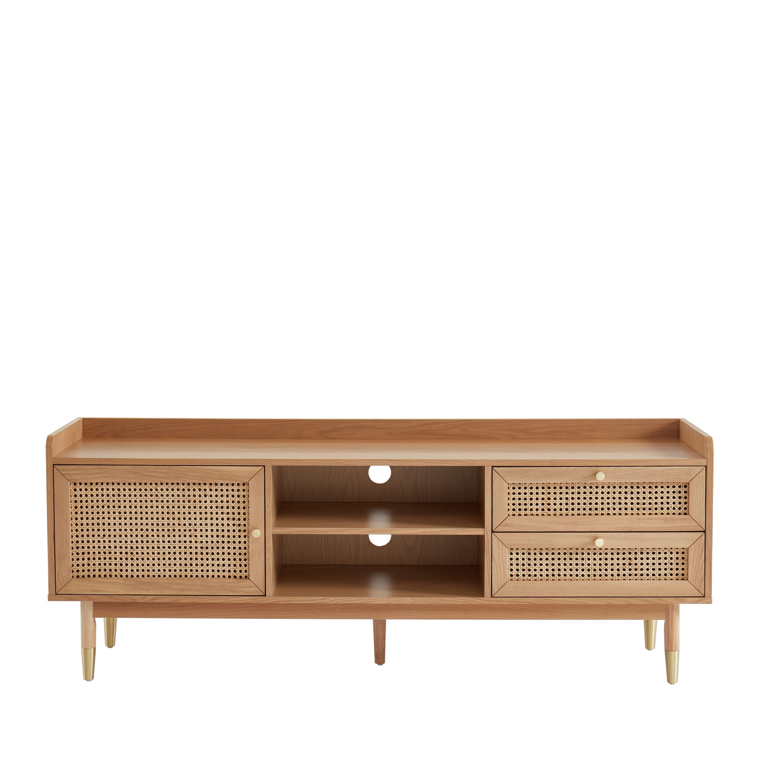 Bombong - Meuble TV 1 porte 2 tiroirs en bois et cannage L160cm - Bois clair