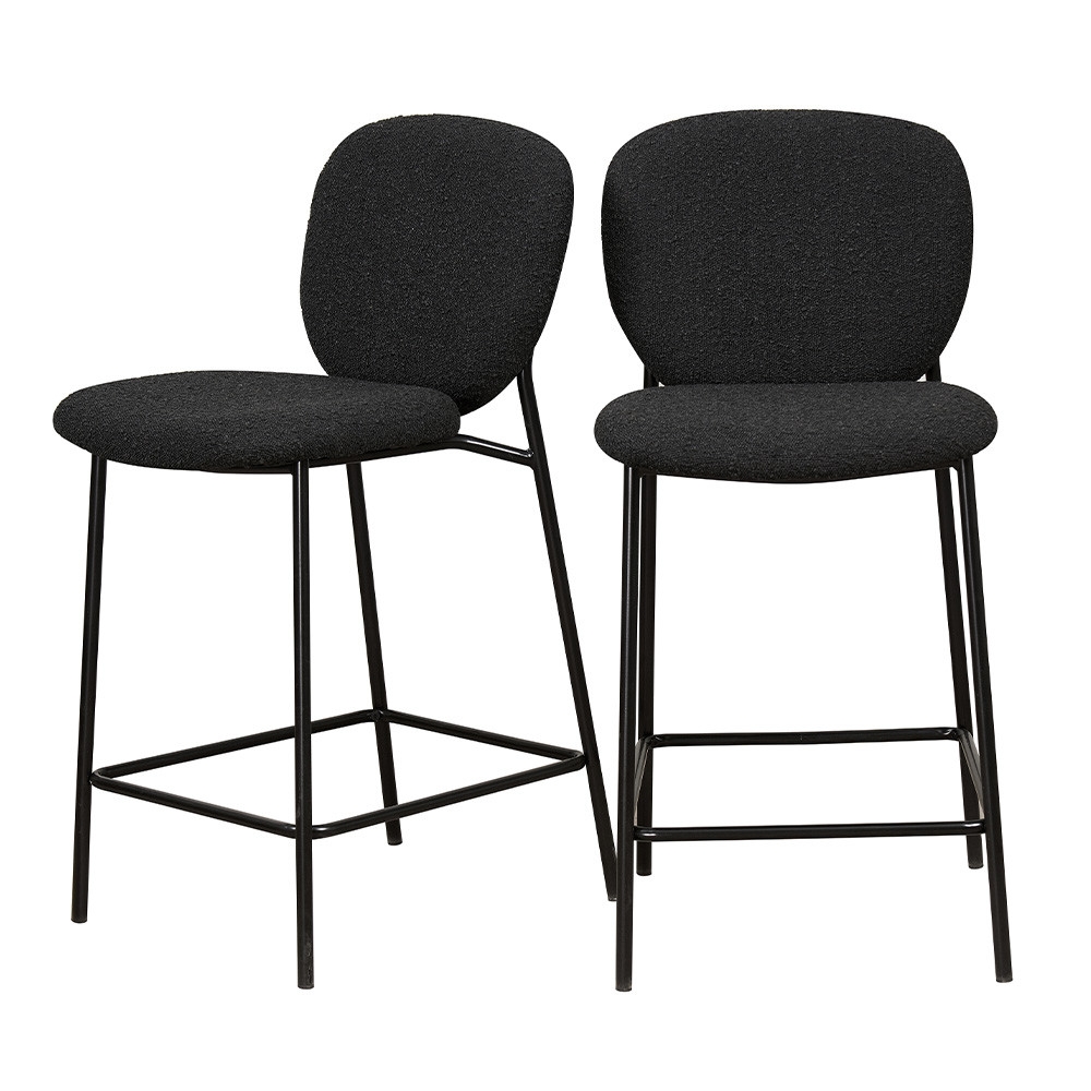 DALBY - Lot de 2 tabourets de bar en tissu bouclette et métal H65cm - Noir