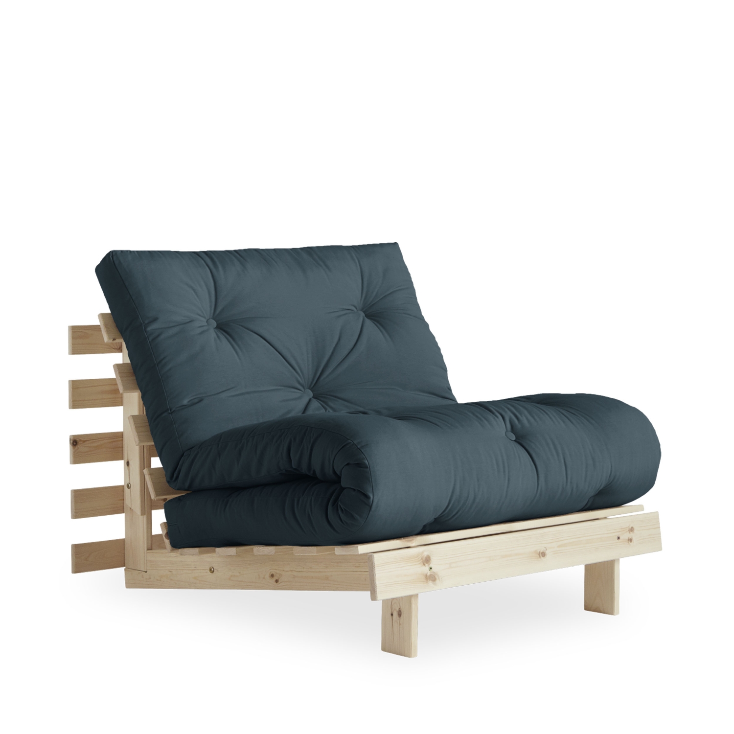 Roots - Fauteuil convertible 90x200cm en bois naturel et tissu - Bleu pétrole