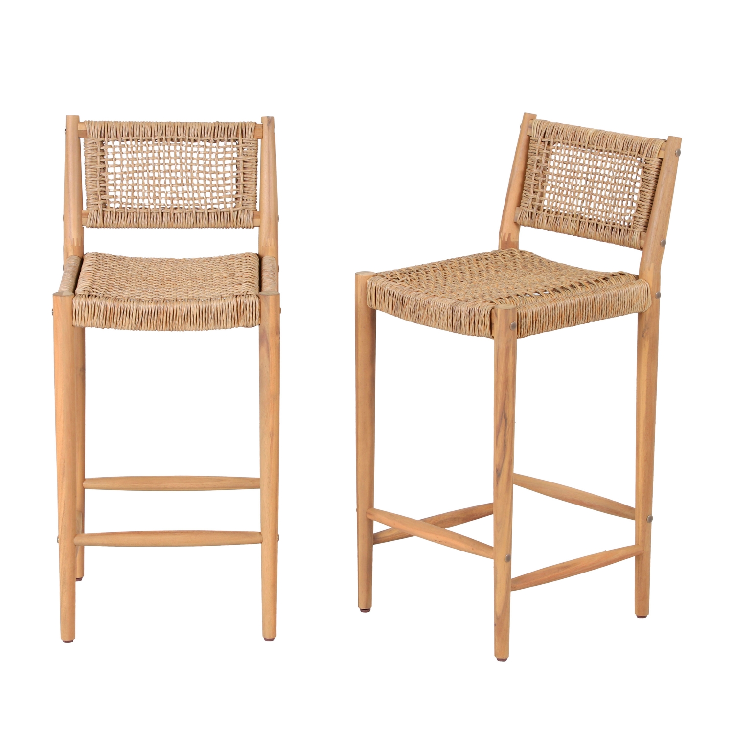 Nuri - Lot de 2 tabourets de bar intérieur/extérieur en bois d'acacia et résine tressée H66cm - Bois clair