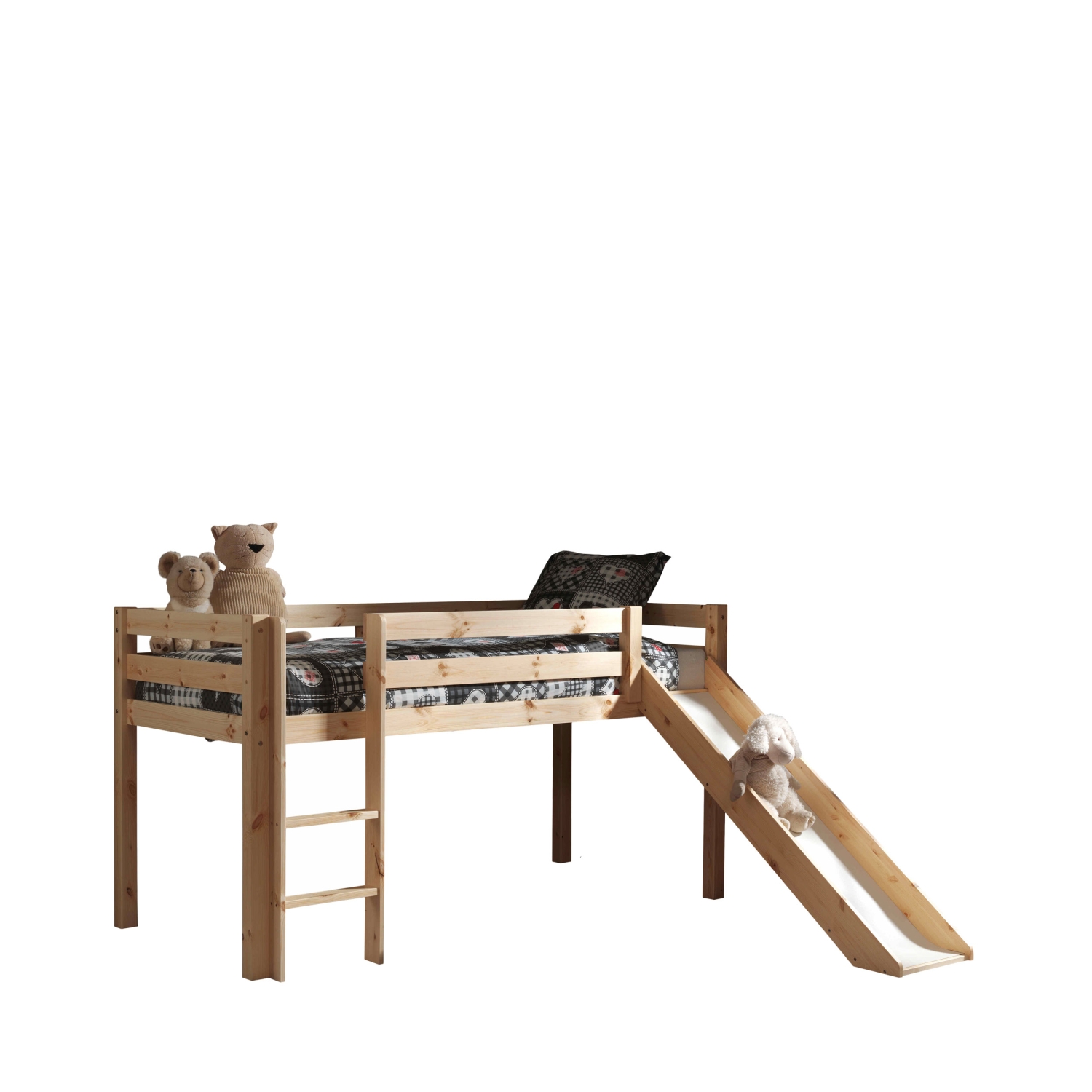 Luna - Lit enfant mezzanine avec toboggan en bois 90x200cm - Bois clair