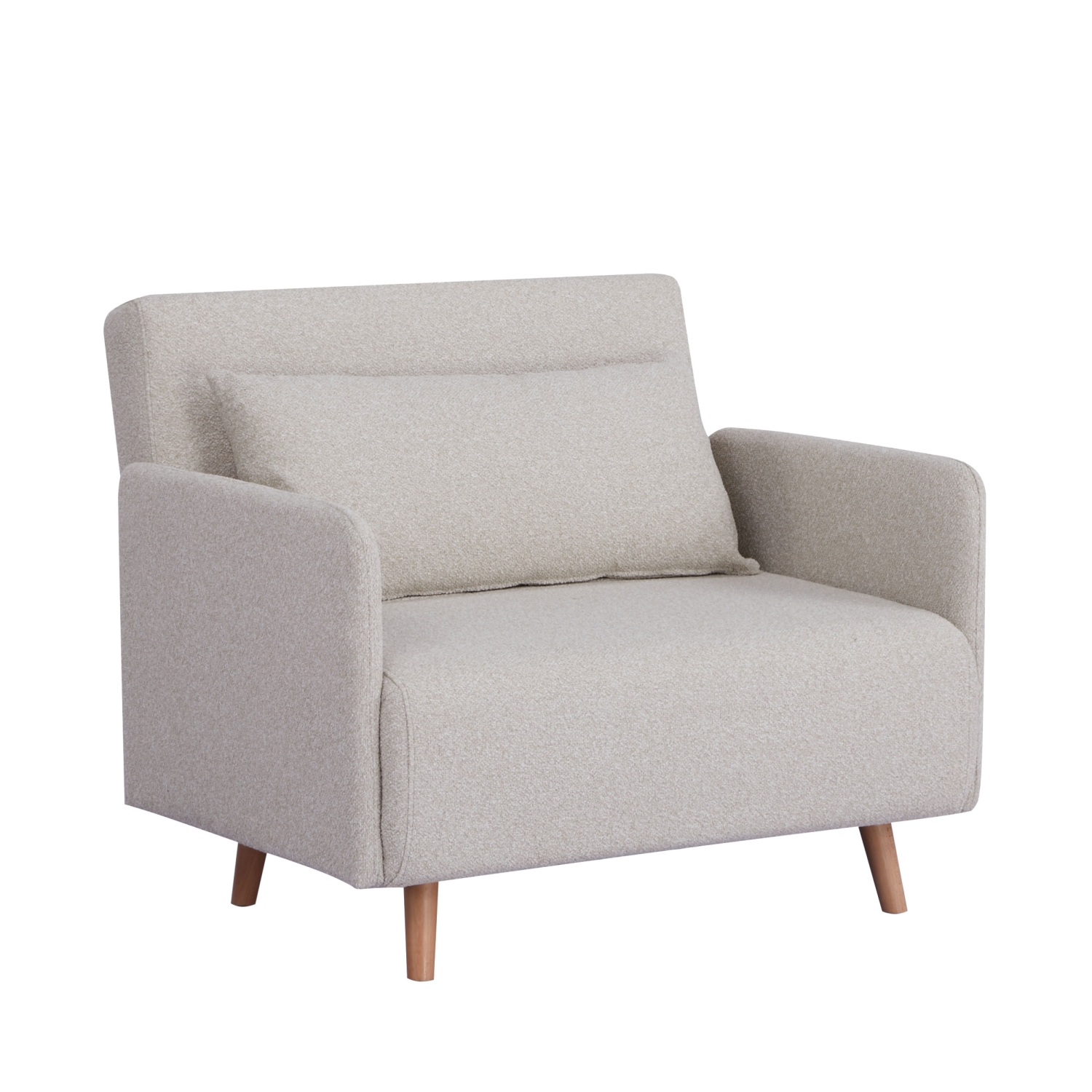 Belushi - Fauteuil convertible en tissu bouclette pieds bois clair - Écru