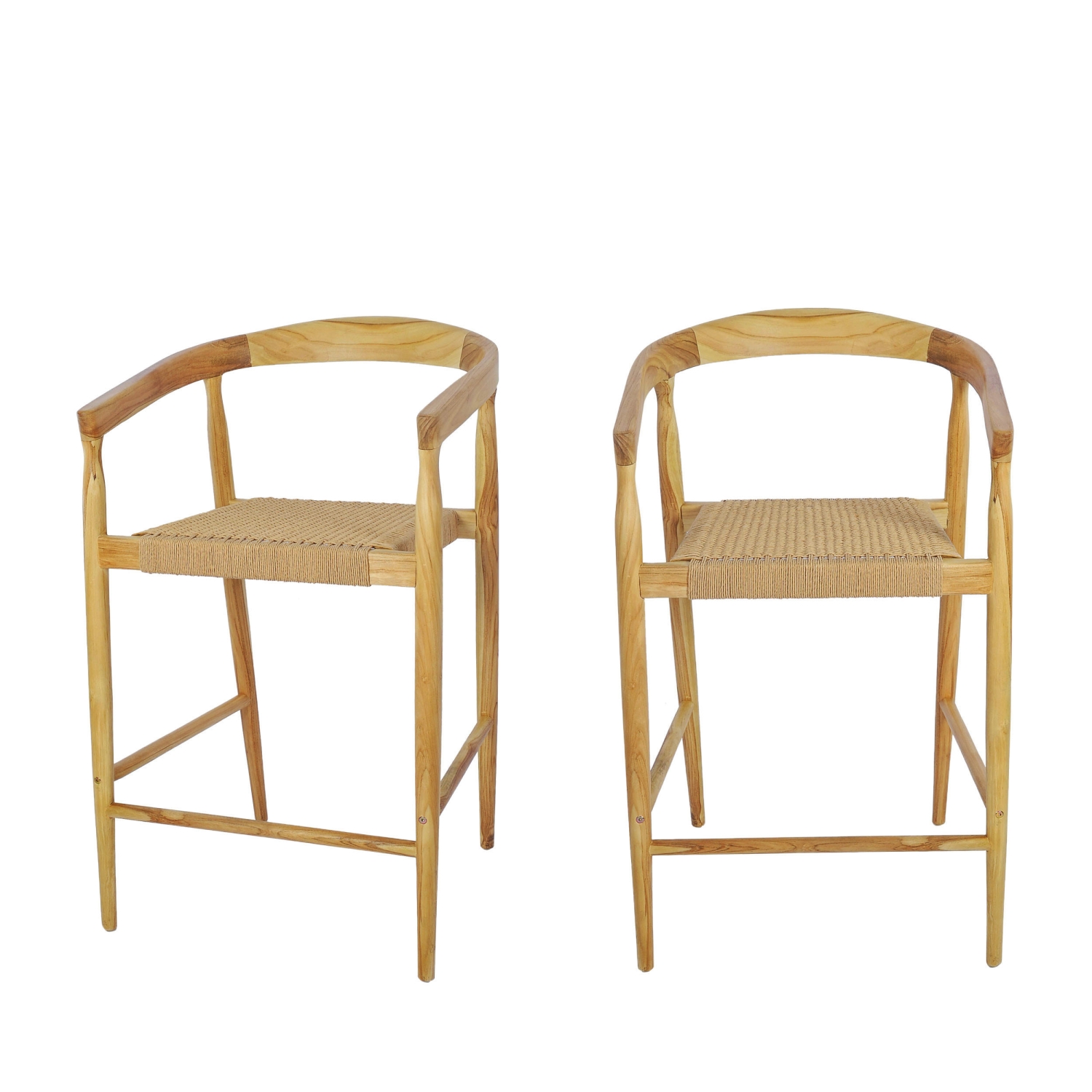 Buri - Lot de 2 fauteuils de bar en teck et corde tressé H65cm - Bois clair