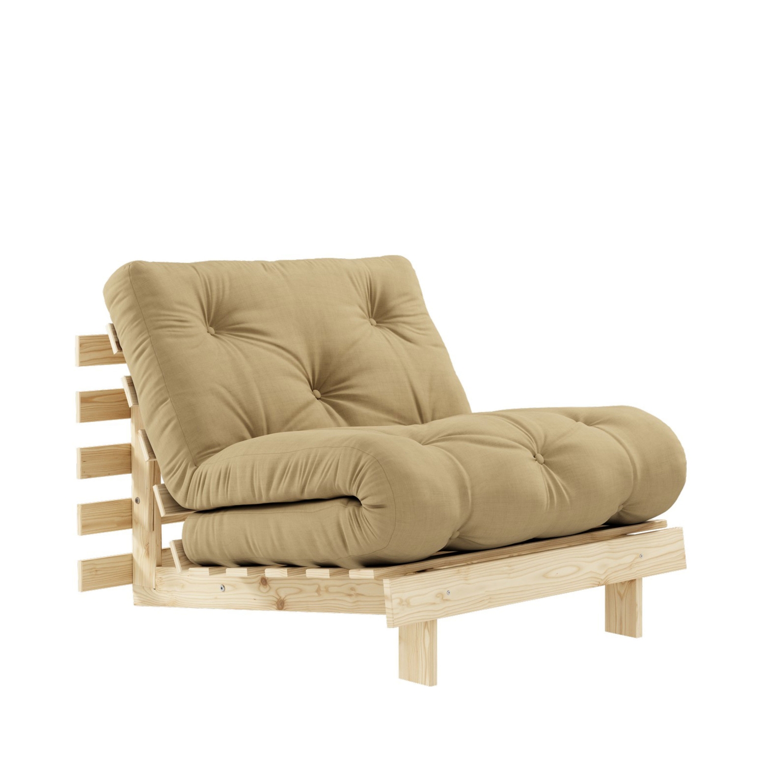 Roots - Fauteuil convertible 90x200cm en bois naturel et tissu - Blé