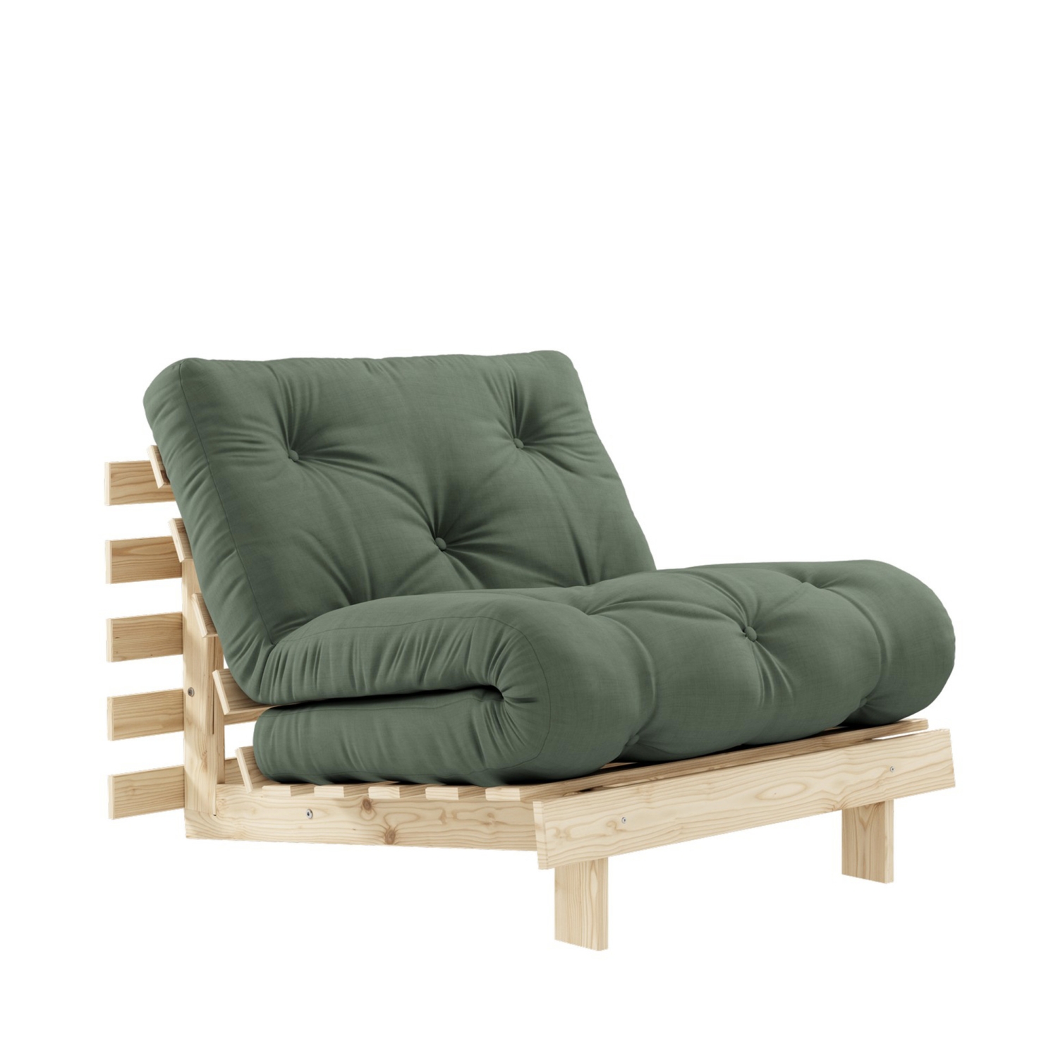 Roots - Fauteuil convertible 90x200cm en bois naturel et tissu - Vert olive