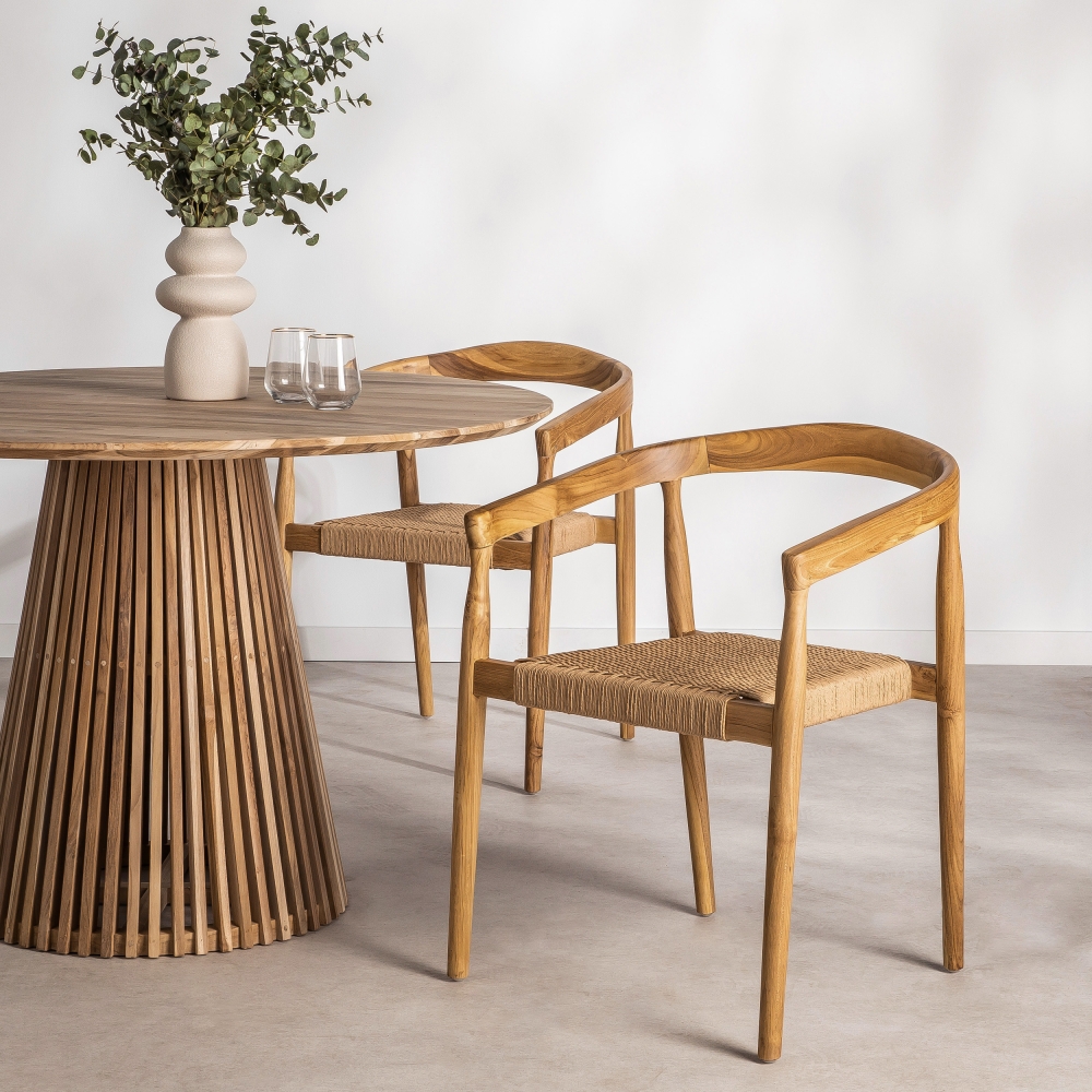 Buri - Lot de 2 fauteuils de table en teck et corde tressé - Bois clair