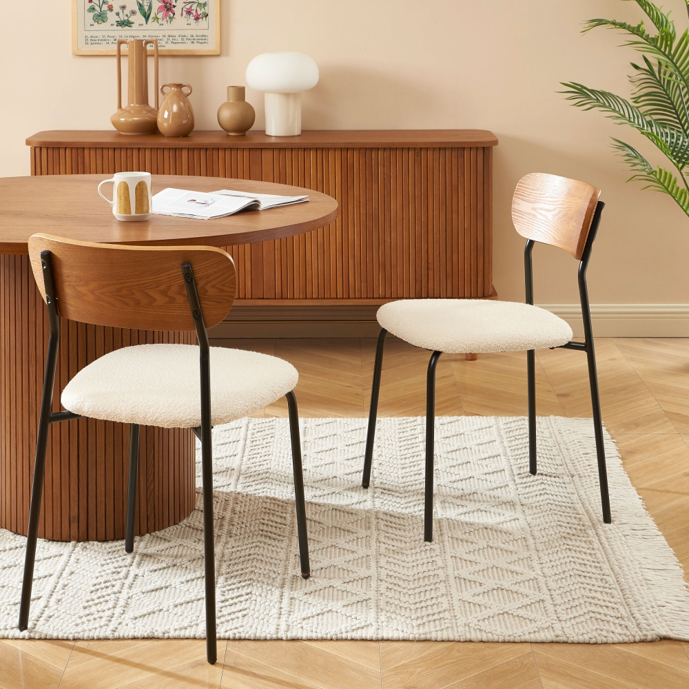 Nalon - Lot de 2 chaises en tissu bouclette et métal - Écru