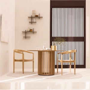 Buri - Lot de 2 fauteuils de table en teck et corde tressé - Bois clair