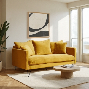 Villabon - Canapé 3 places en velours pieds épingles noirs - Jaune moutarde