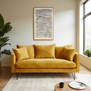 Villabon - Canapé 3 places en velours pieds épingles noirs - Jaune moutarde