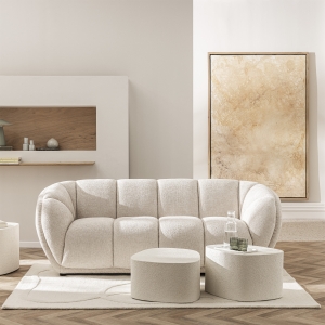 West - Canapé droit 3 places en tissu à forme arrondie - Écru